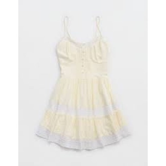 aerie Dresses & Skirts - Aerie Yellow Eyelet Lace Tiered Mini Dress Spaghetti Strap Cottagecore Sundress